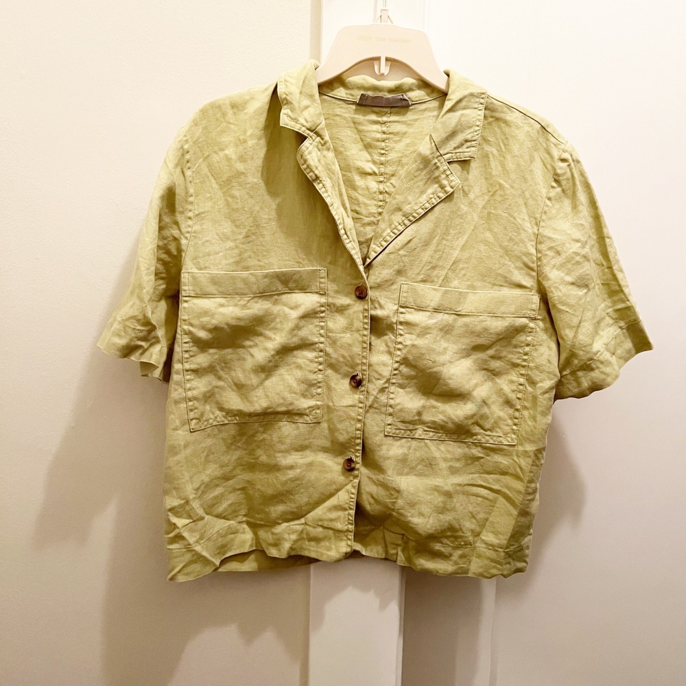 Everlane Linen Workwear Top Small  Green‎ Short Sleeves Boxy Button Front - Picture 2 of 8
